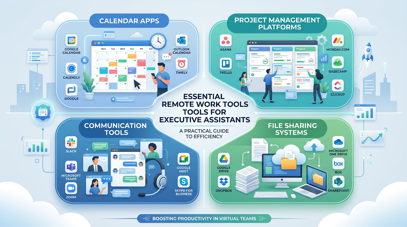 Infographic showing common remote work tools for executive assistants including calendar apps, project management platforms, communication tools, and file sharing systems