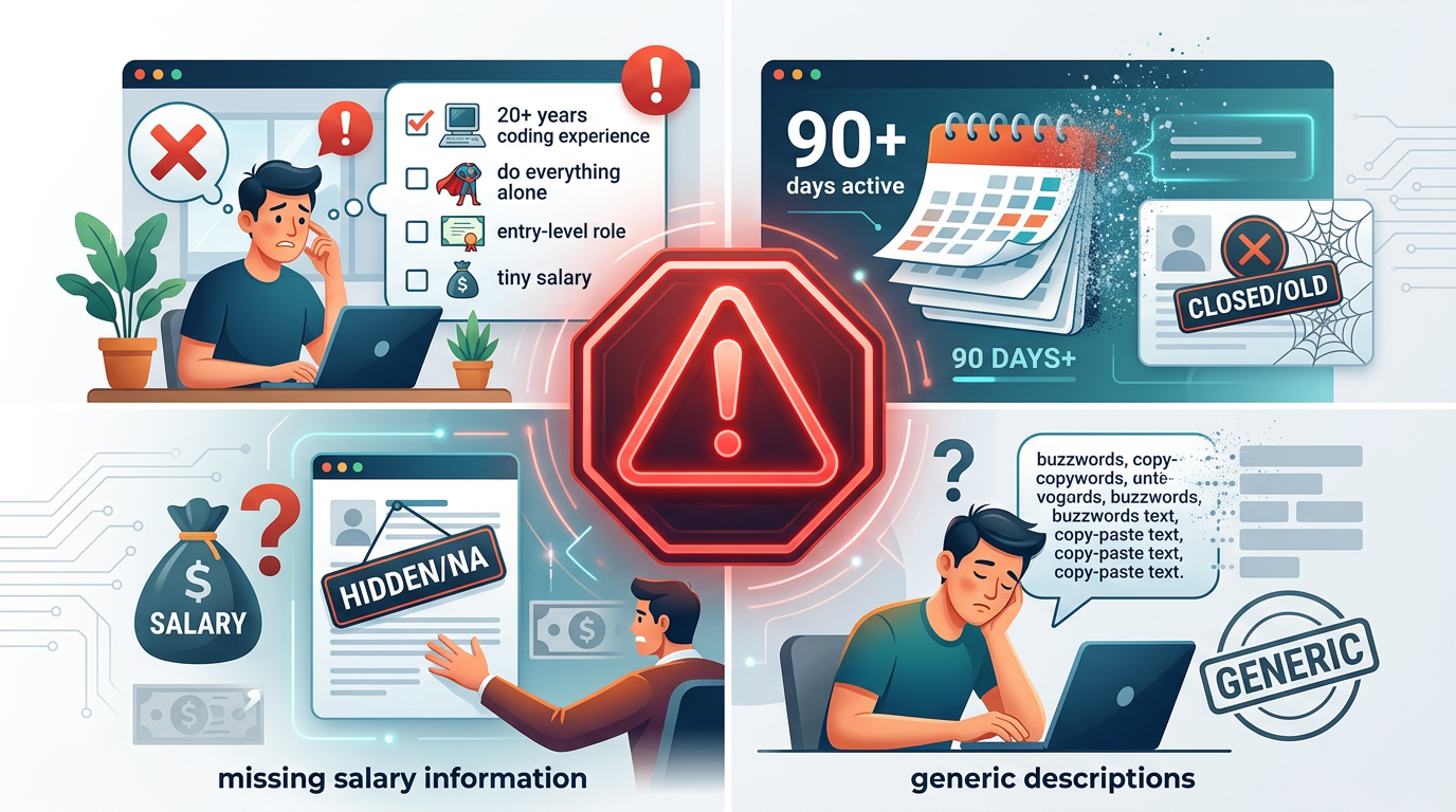 Warning sign infographic showing red flags for job postings: unrealistic requirements, 90+ days active, generic descriptions, and missing salary information
