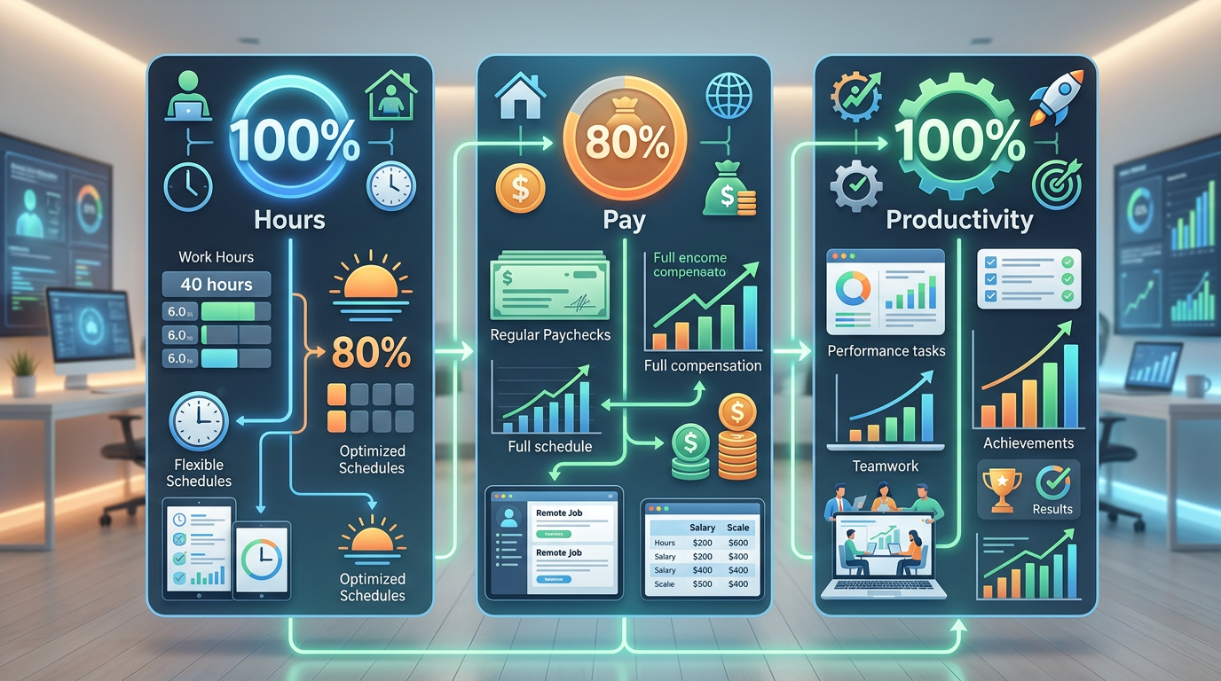 Infographic showing the 100-80-100 model with visual breakdown of hours, pay, and productivity expectations