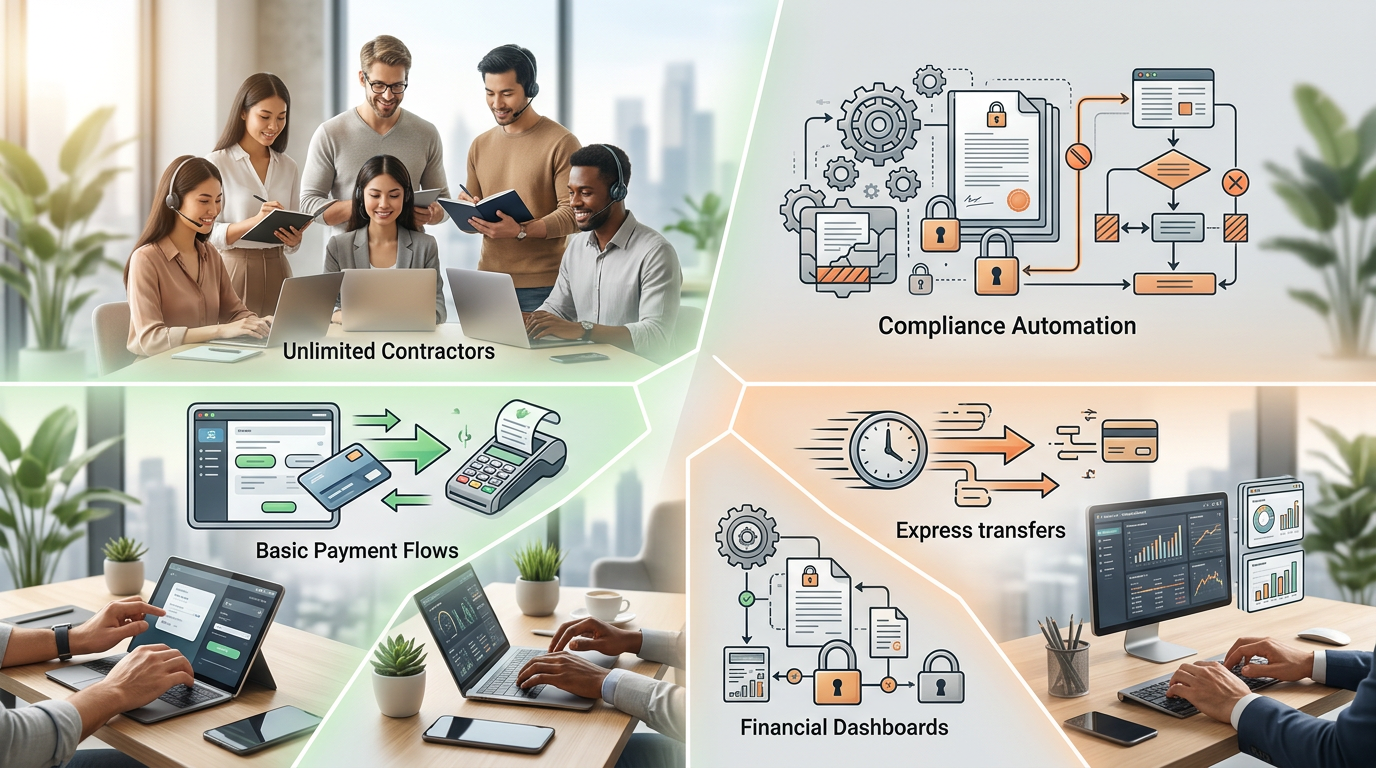 Visual breakdown of Deel's free plan features showing included capabilities like unlimited contractors and basic payments alongside excluded features like compliance automation and express transfers