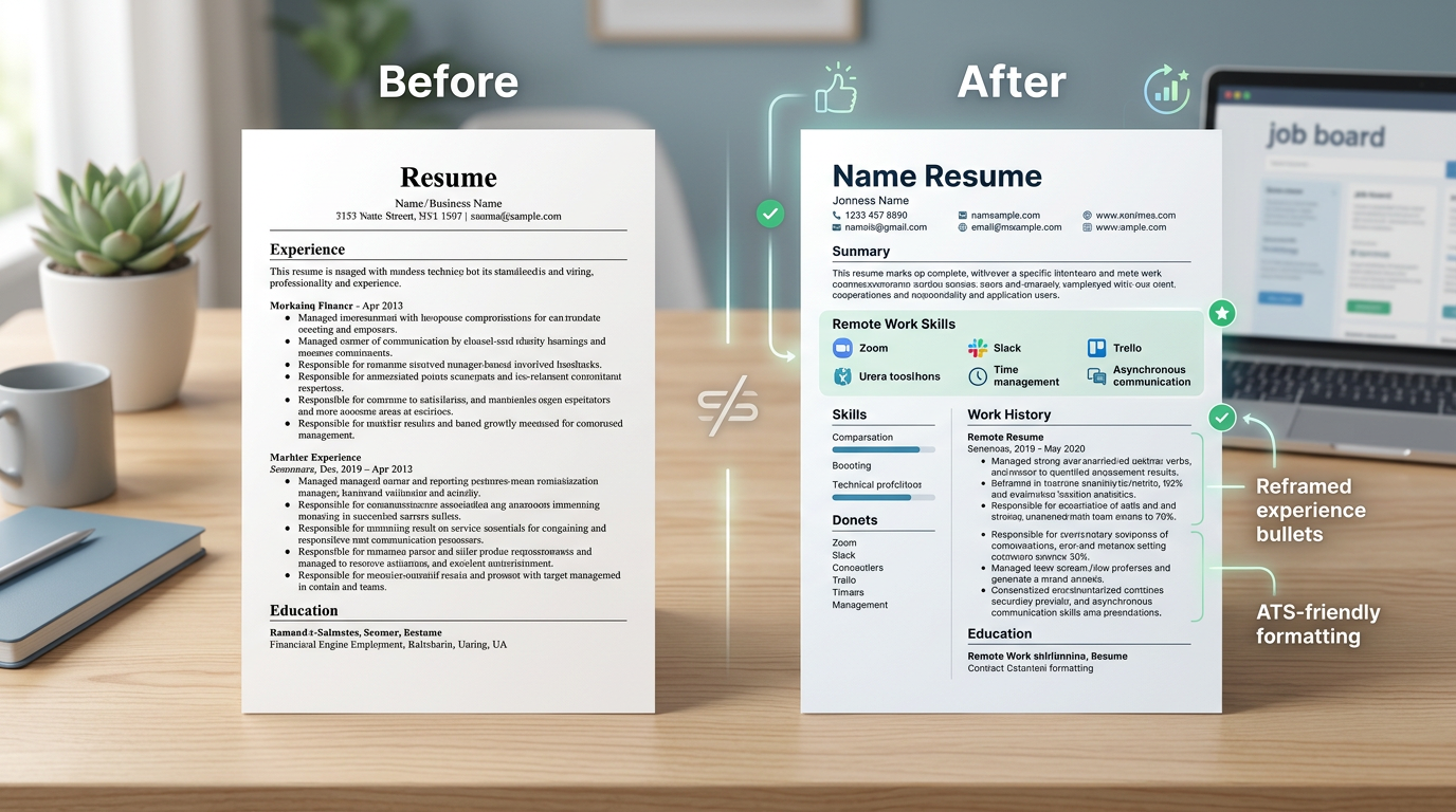 Before-and-after comparison of a resume optimized for remote work, highlighting the addition of a Remote Work Skills section, reframed experience bullets, and ATS-friendly formatting
