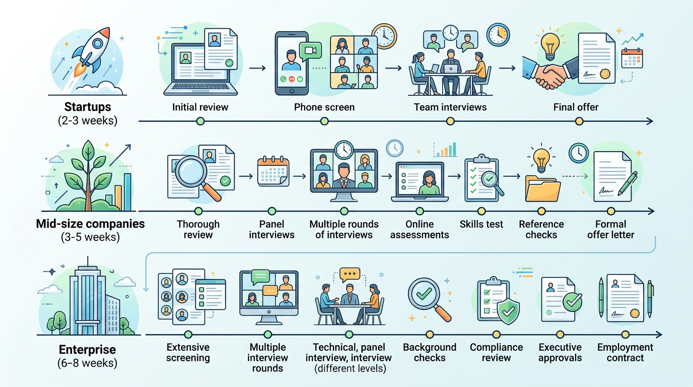 Timeline graphic showing typical hiring process duration for startups (2-3 weeks), mid-size companies (3-5 weeks), and enterprise (6-8 weeks) with key milestones marked