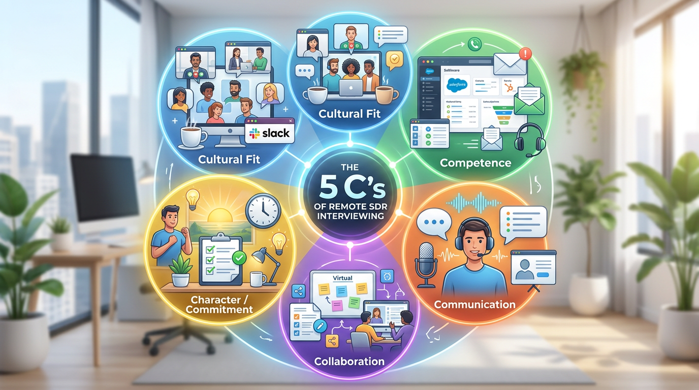 Circular diagram showing the 5 C's of interviewing framework with remote SDR-specific examples for each category