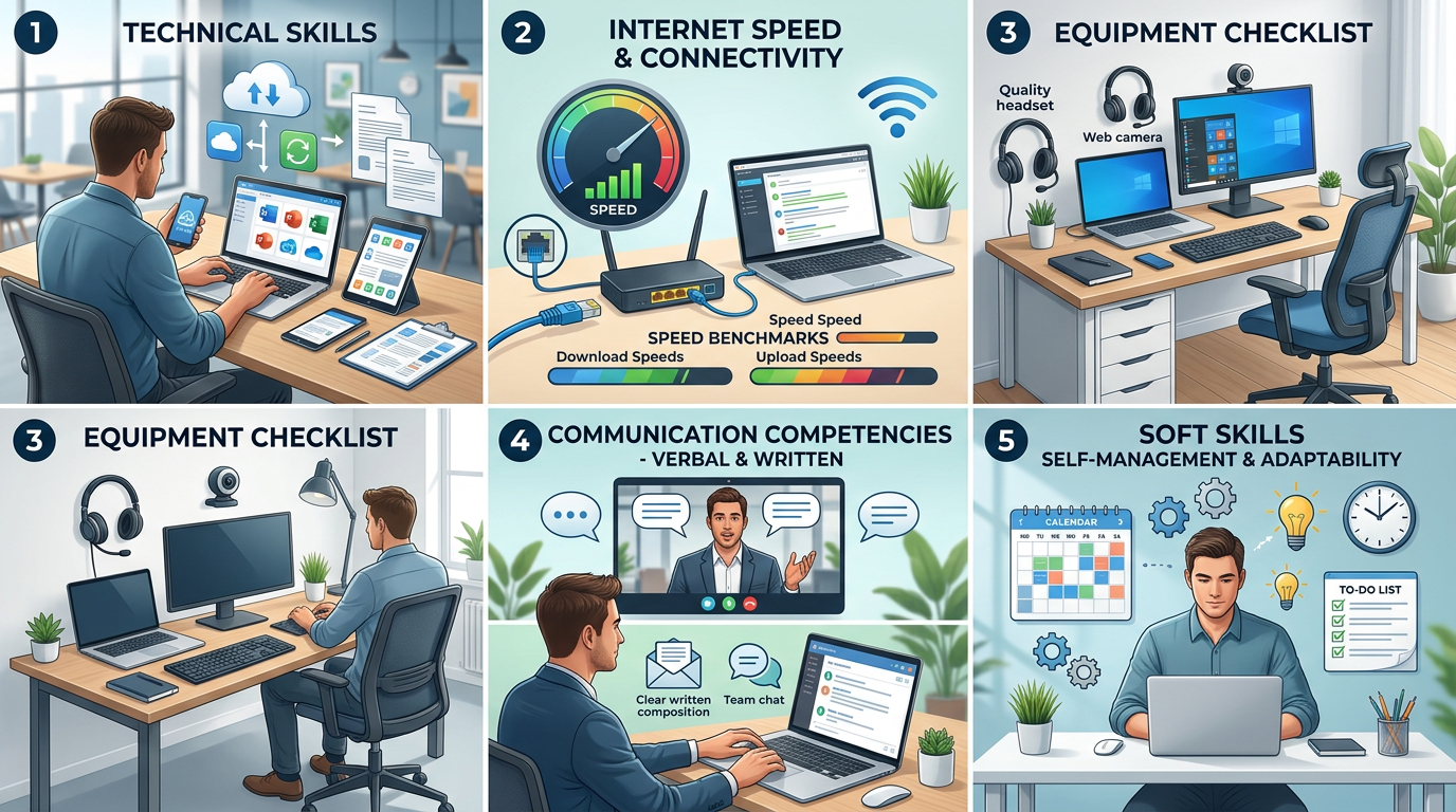 Infographic showing the 5 essential technical and soft skill requirements for remote work beginners, including internet speed benchmarks, equipment checklist, and communication competencies