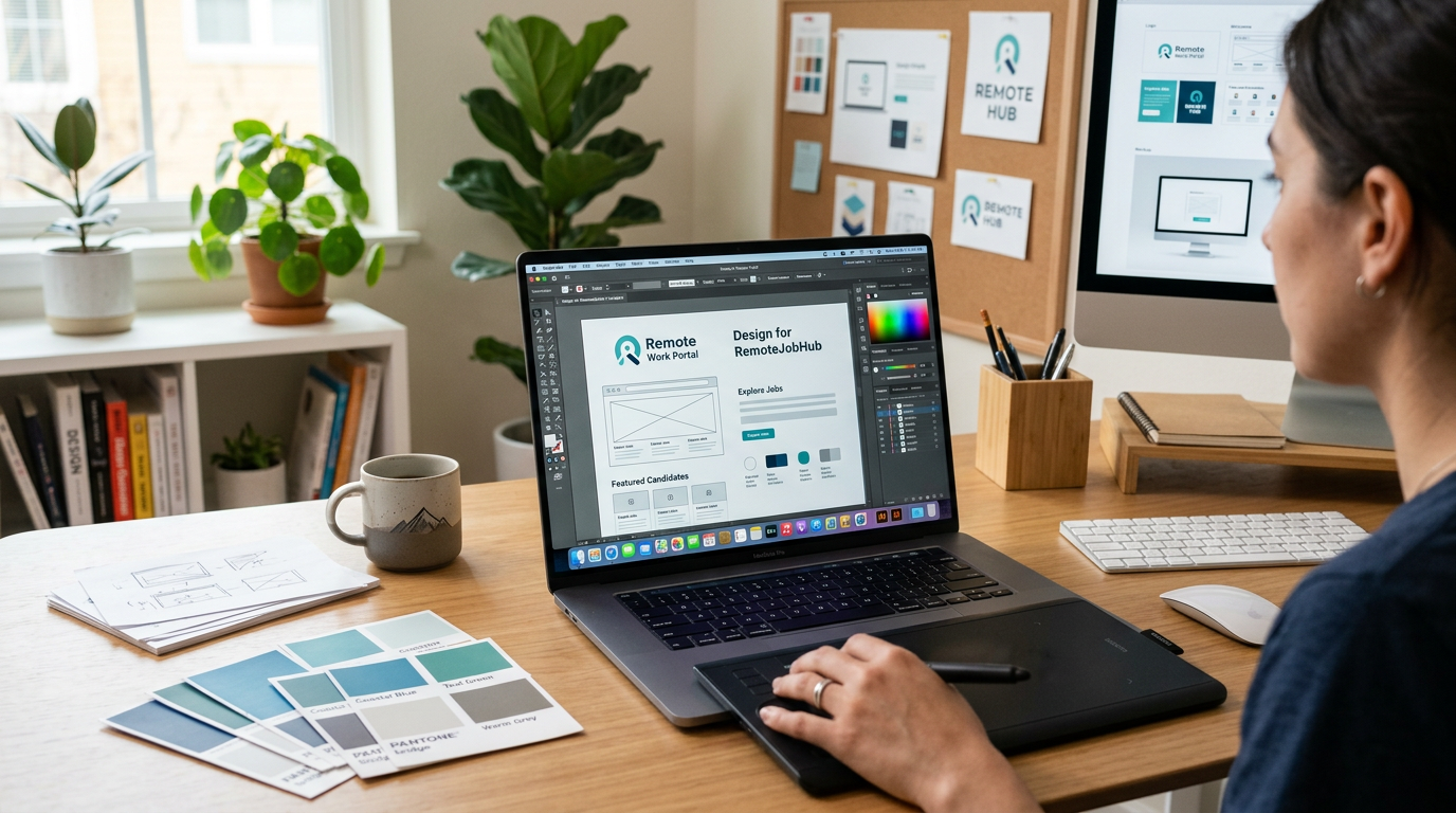 Workspace setup showing laptop with design software interface open, graphics tablet, color swatches, and finished design examples displayed on screen