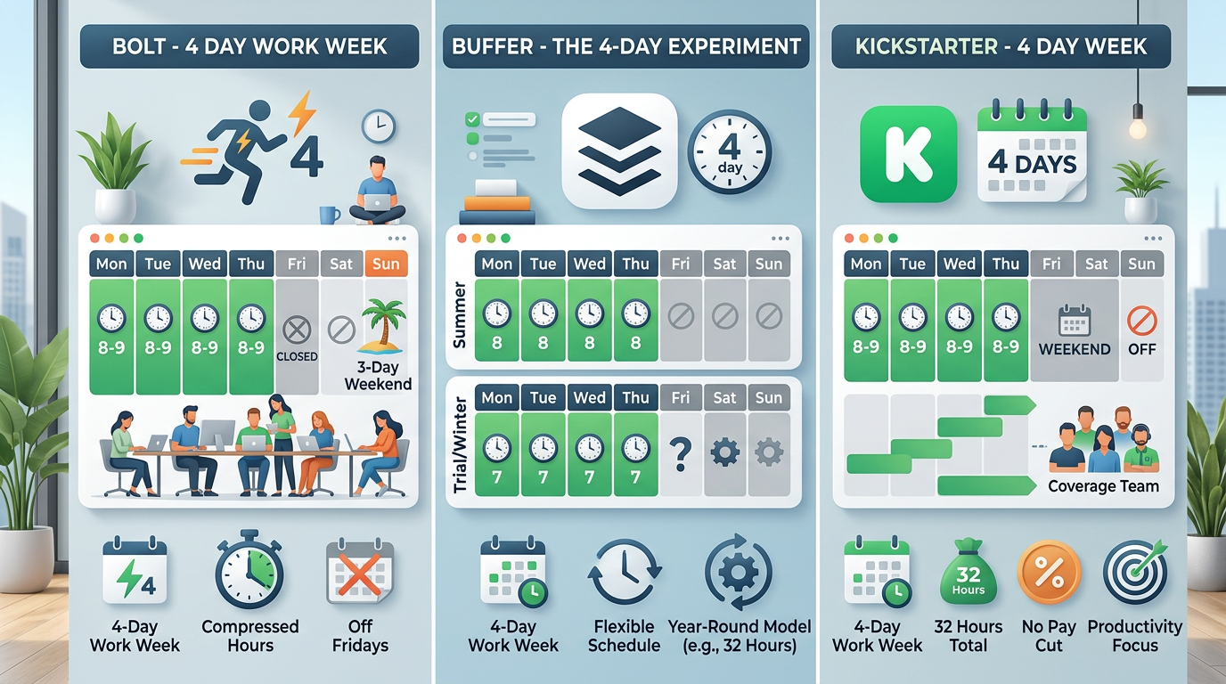 Visual comparison showing the different four-day work week models used by Bolt, Buffer, and Kickstarter with schedule breakdowns