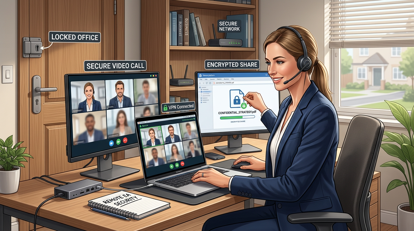 Illustration of remote executive assistant demonstrating security practices including VPN usage, secure video calls, locked home office, and encrypted file sharing
