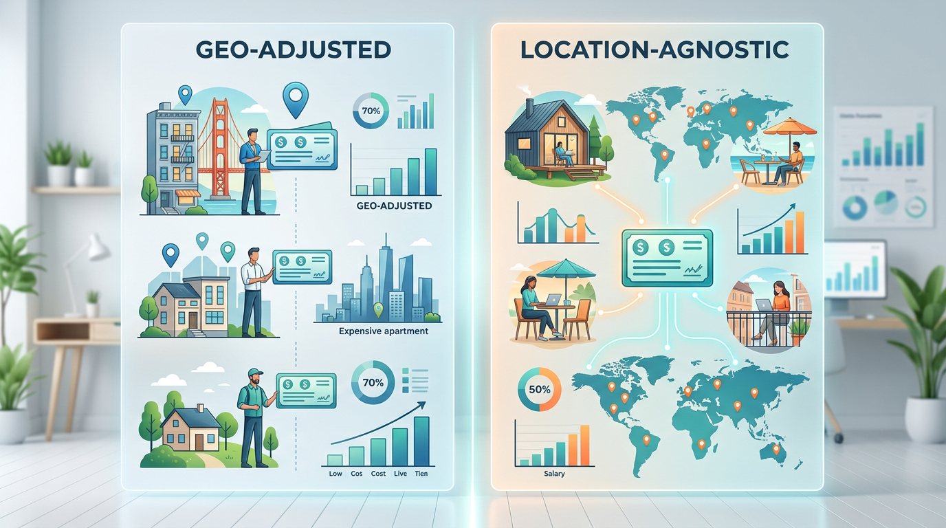 Side-by-side comparison of geo-adjusted vs location-agnostic salary structures for the same role