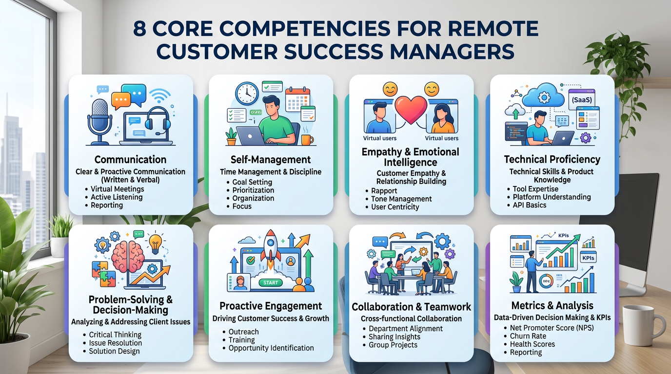 Infographic showing the 8 core competency areas for remote customer success managers with icons representing communication, self-management, empathy, technical skills, problem-solving, proactive engagement, collaboration, and metrics