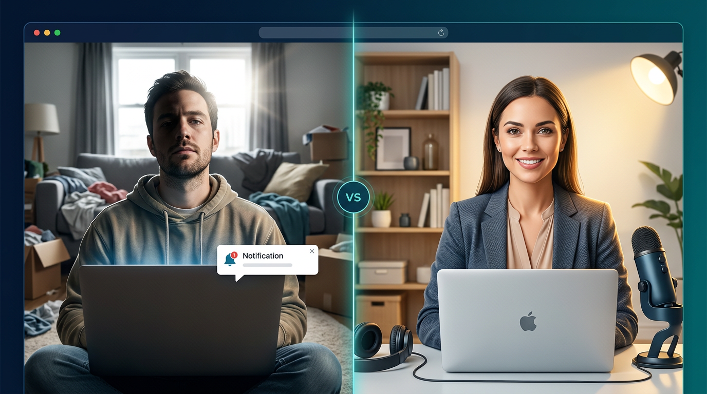 Split-screen comparison showing poor vs optimal remote interview setup, highlighting camera angle, lighting, background, and professional appearance