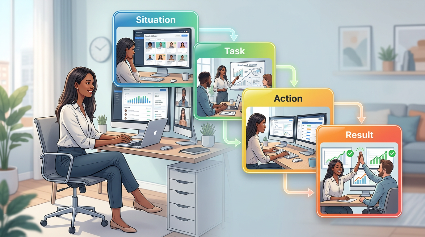 Visual representation of the STAR method framework for behavioral interview questions, showing four connected boxes with example SDR scenario