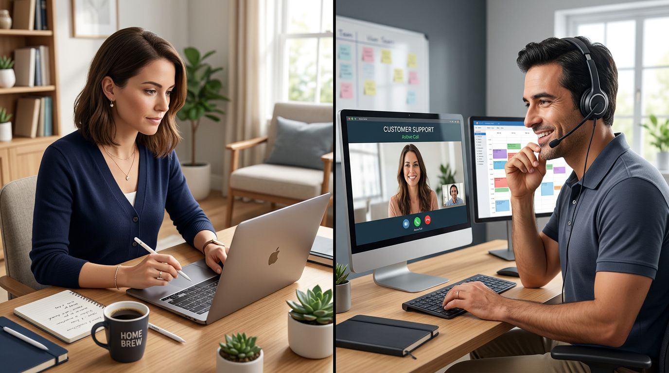 Split-screen illustration showing virtual assistant managing calendar on laptop on left side, and customer support representative wearing headset assisting customer via video call on right side