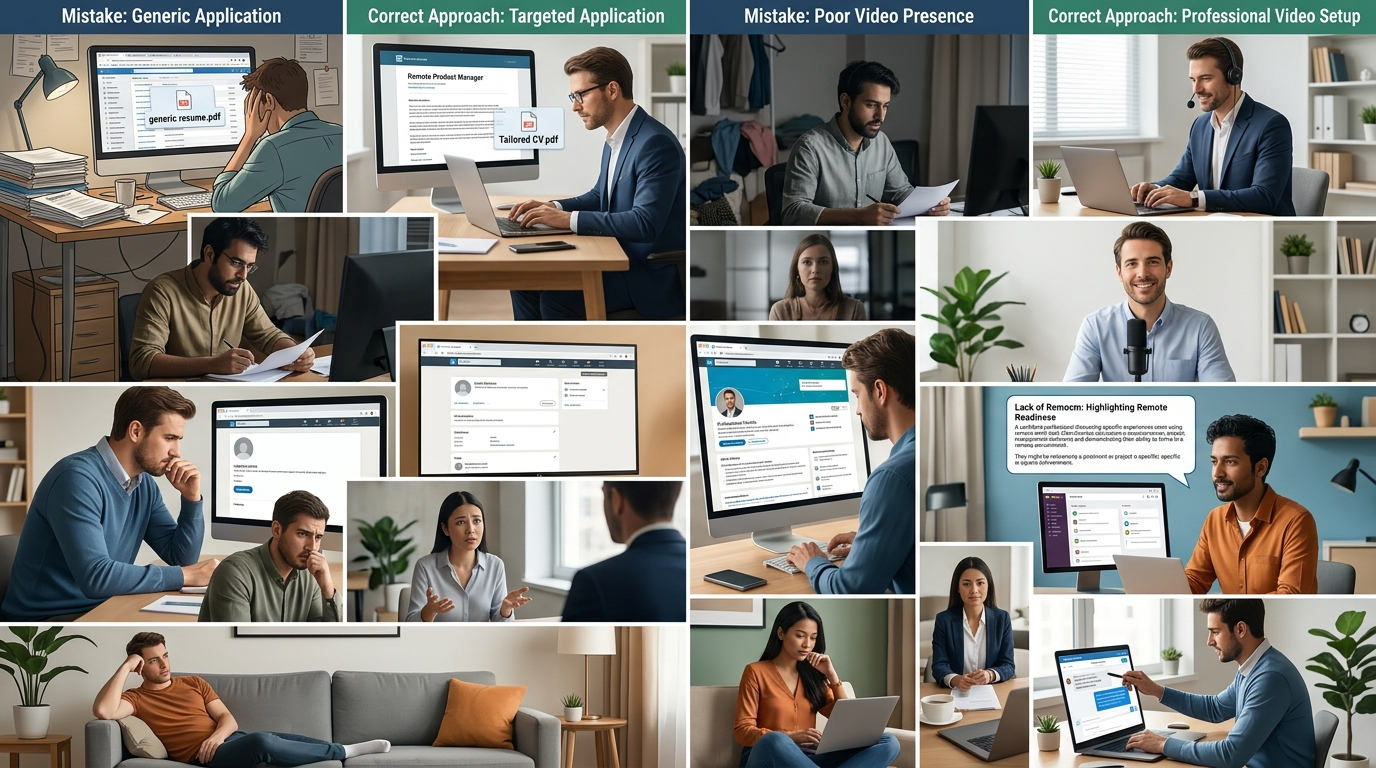 Visual guide showing the top 5 mistakes remote job seekers make, with each mistake illustrated alongside the correct approach
