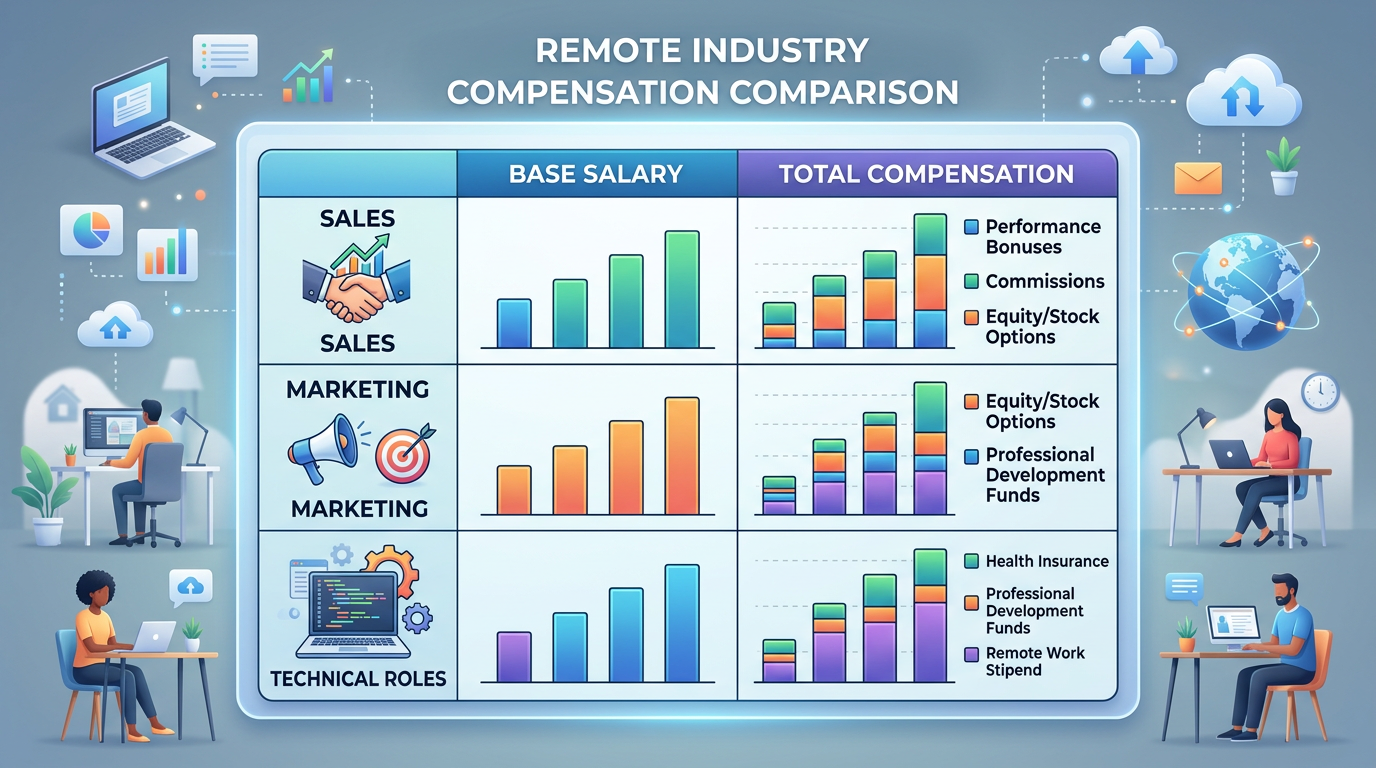 Comparison table showing base salary vs total compensation for sales, marketing, and technical roles