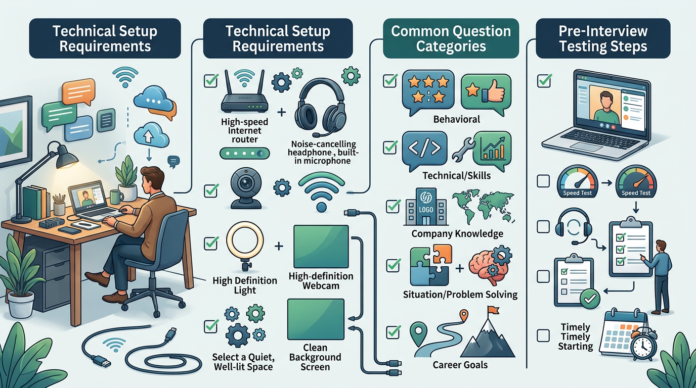 Checklist infographic for remote interview preparation, showing technical setup requirements, common question categories, and pre-interview testing steps