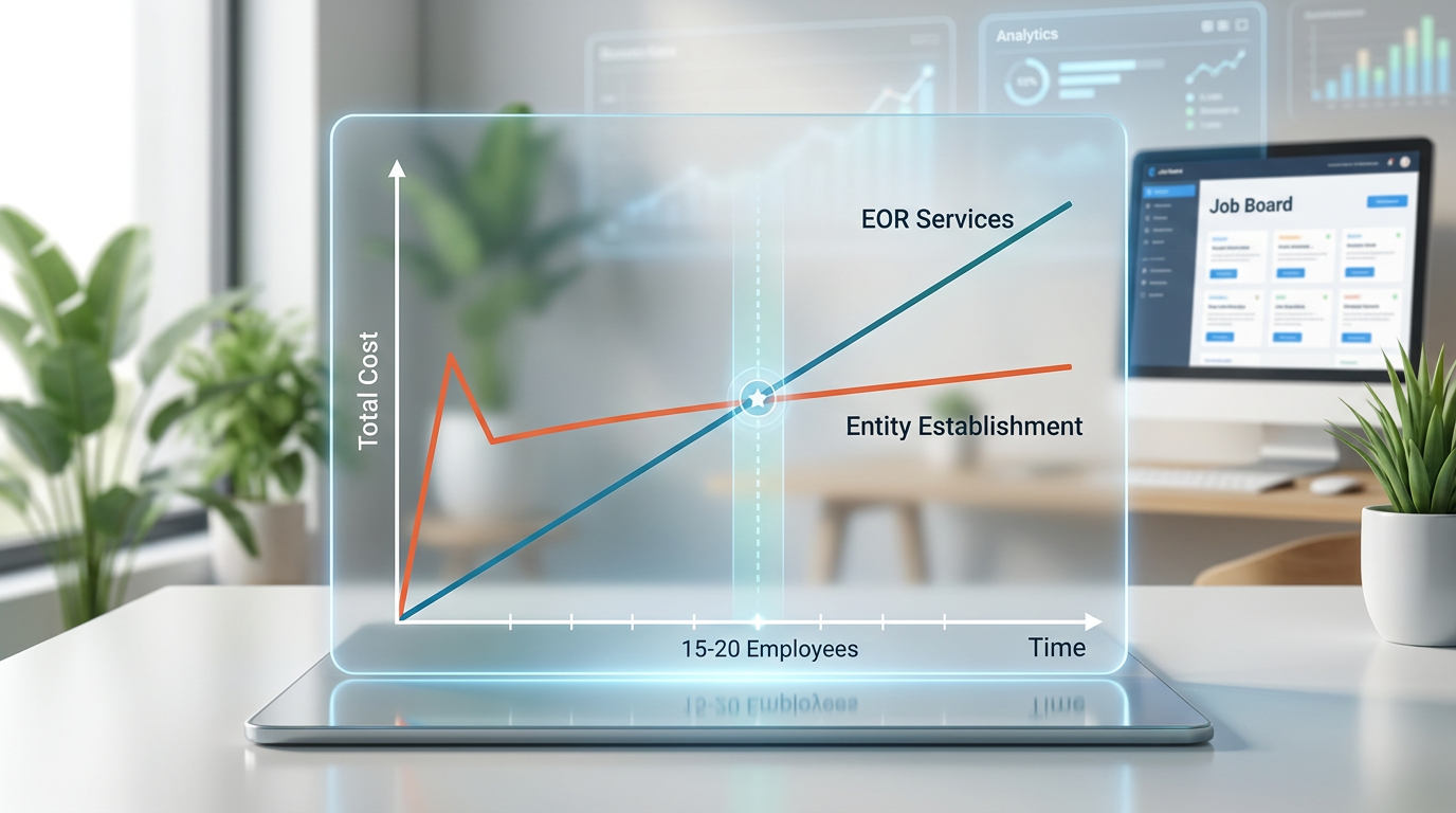 Graph comparing total cost of EOR services versus entity establishment over time, showing break-even point at approximately 15-20 employees in a single country