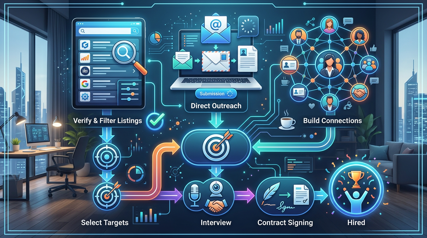 Flowchart showing the most effective job search strategy combining verified job boards, direct applications, and networking