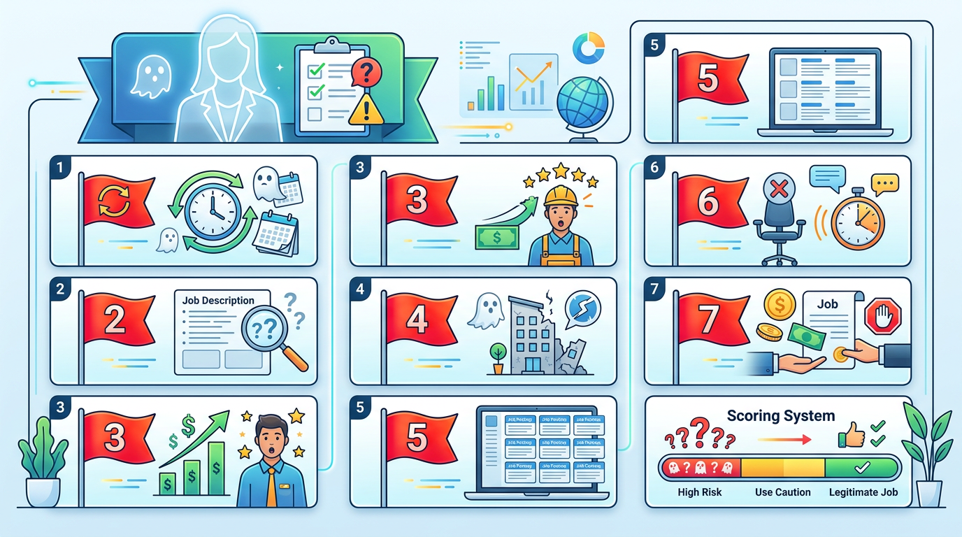 Checklist infographic showing 7 red flags for identifying ghost jobs, with visual icons for each warning sign and a scoring system to assess job posting legitimacy