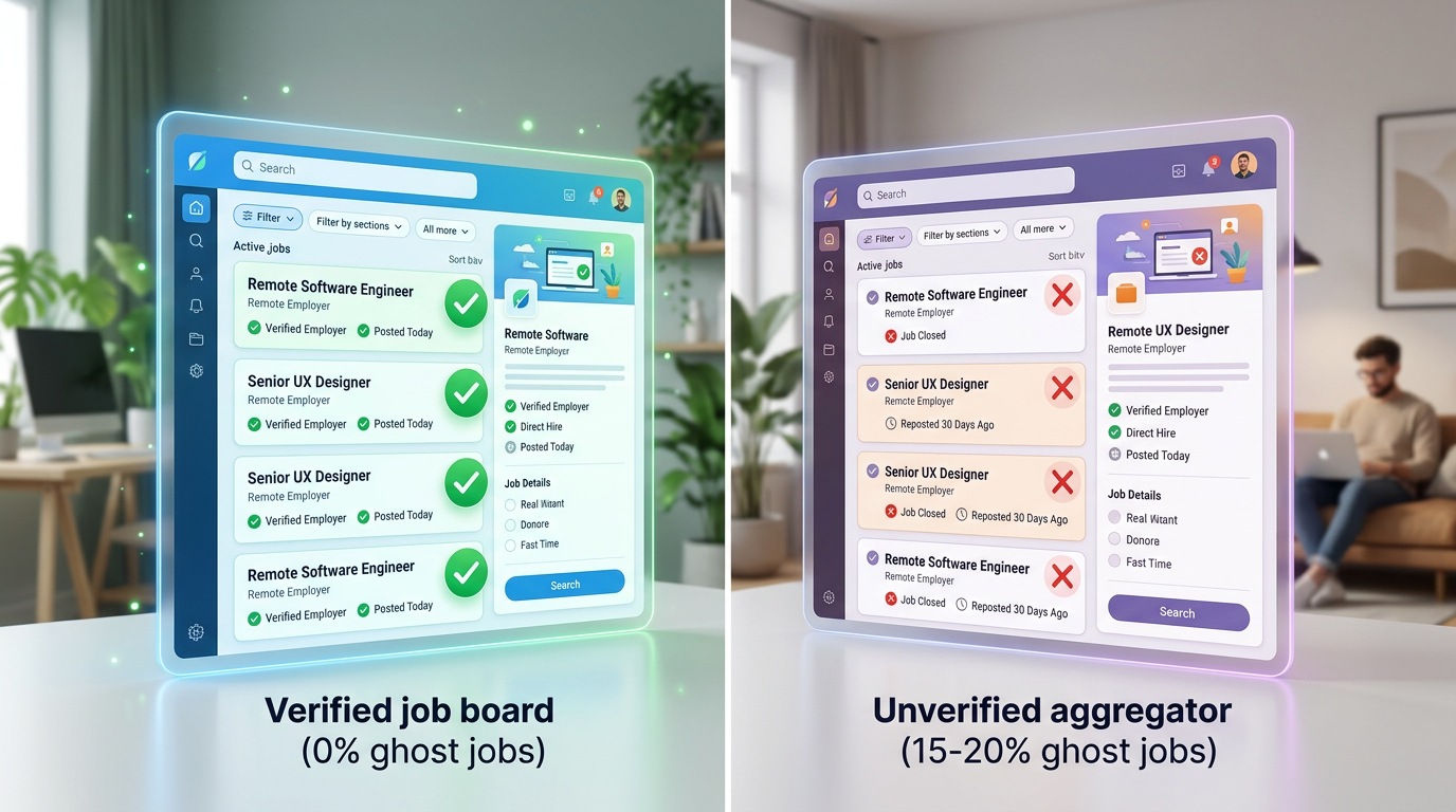 Side-by-side comparison showing verified job board with 0% ghost jobs versus unverified aggregator with 15-20% ghost jobs, illustrated with checkmarks and X marks