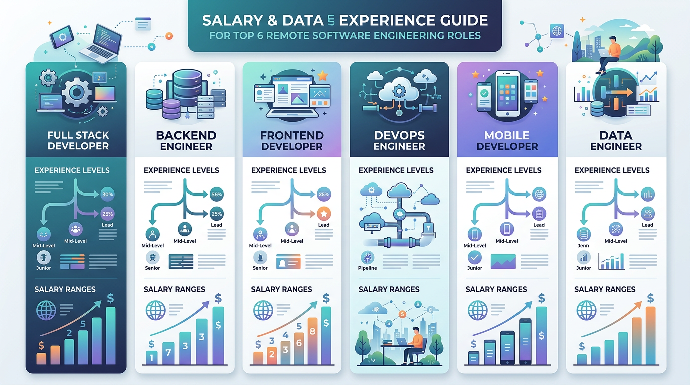Infographic showing salary ranges for top 6 remote software engineering roles with experience level requirements