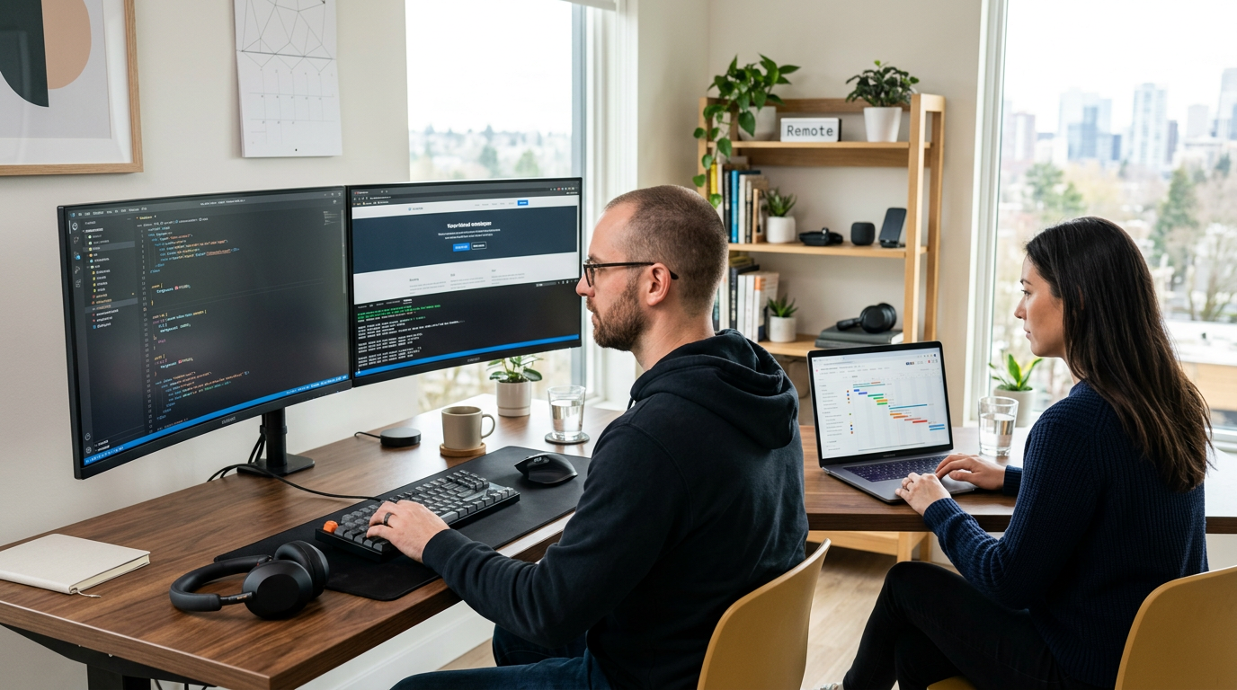 Modern home office setup showing web developer coding on dual monitors with code editor visible, and project coordinator reviewing project timeline in Asana on laptop screen