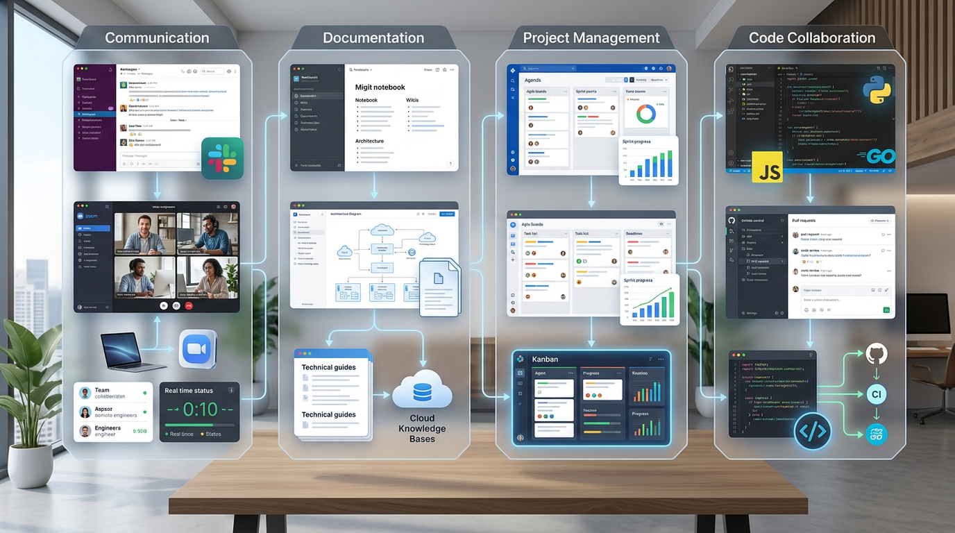 Visual diagram of remote engineering management tech stack showing categories of tools for communication, documentation, project management, and code collaboration