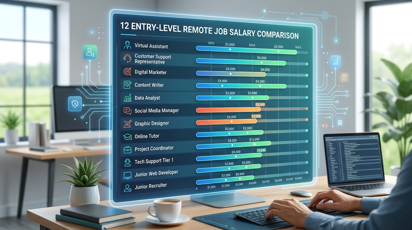 Infographic showing salary comparison chart of 12 entry level remote jobs with icons representing each role and salary ranges displayed as horizontal bars
