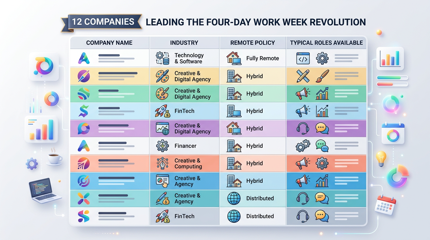 Comparison table showing 12 companies with four-day work weeks, including company name, industry, remote policy, and typical roles available