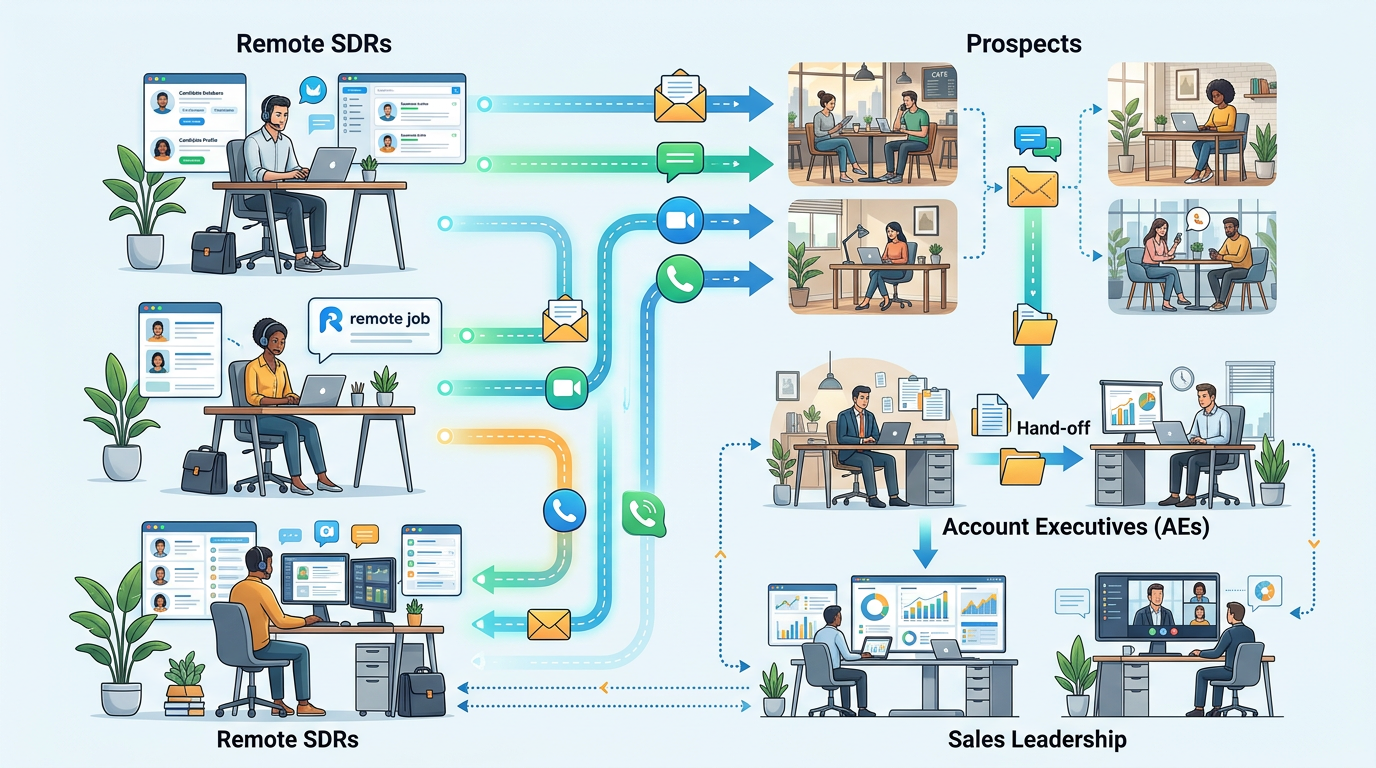 Diagram showing remote SDR communication flow between SDR, prospects, AEs, and sales leadership with different communication channels labeled