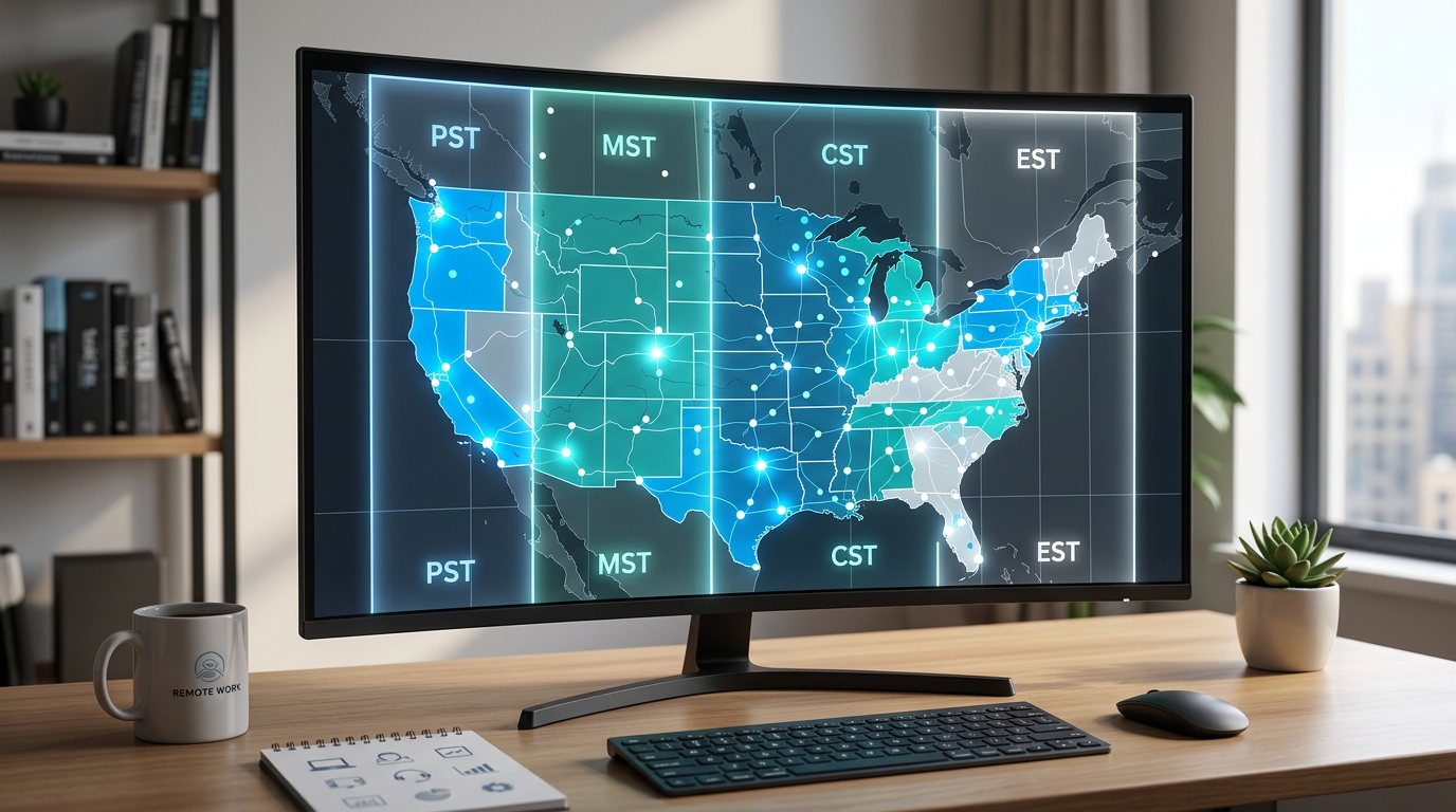 Map visualization showing remote account executive territory coverage with color-coded account prioritization and time zone overlays