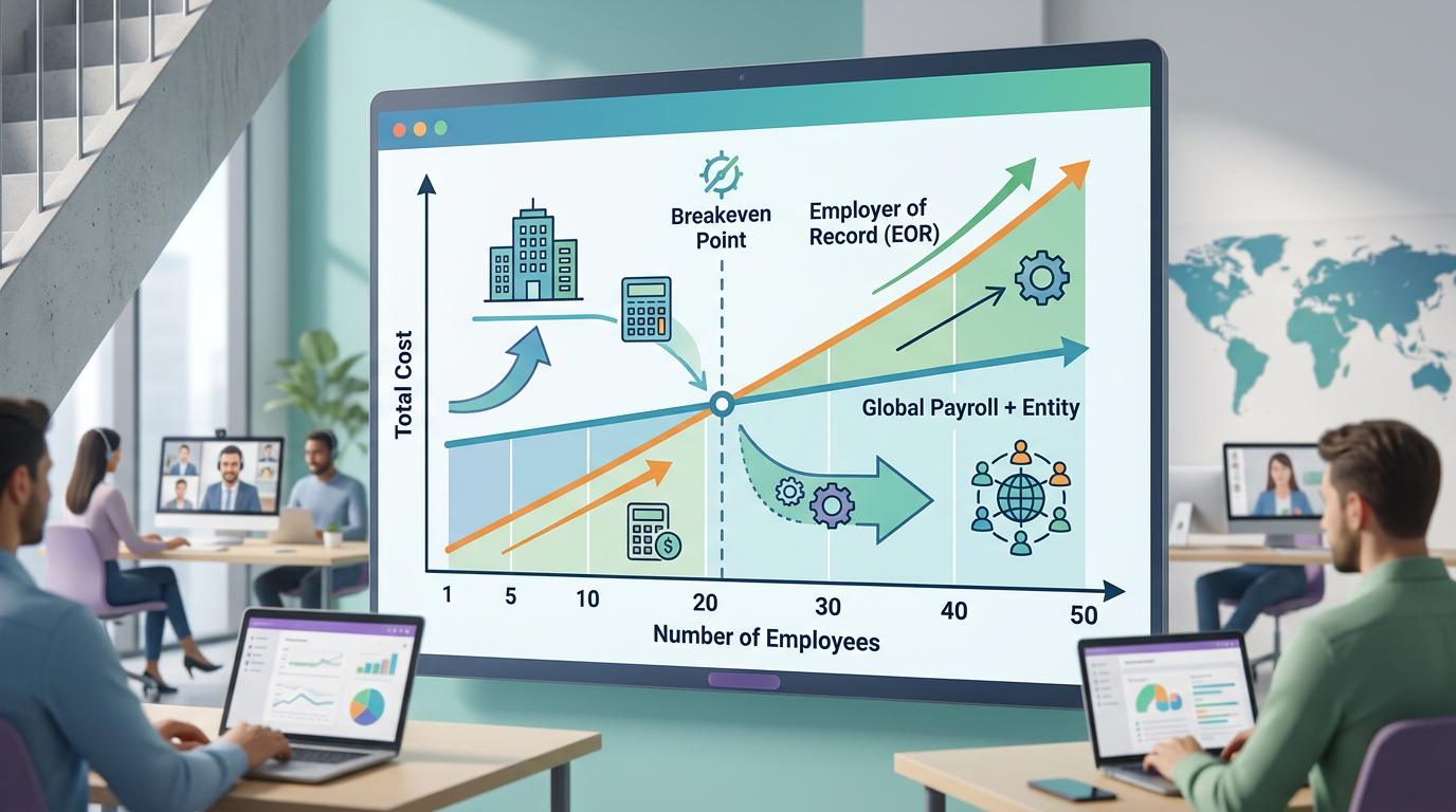 Cost comparison chart showing breakeven analysis between Global Payroll plus entity costs versus EOR services across different employee counts from 1 to 50 employees