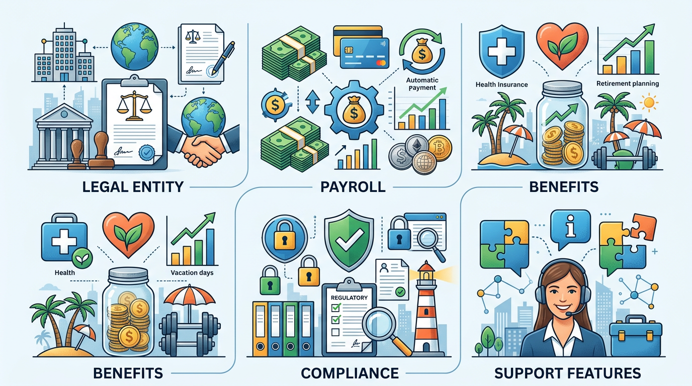Detailed infographic showing what's included in Deel's $599 EOR service with icons for legal entity, payroll, benefits, compliance, and support features