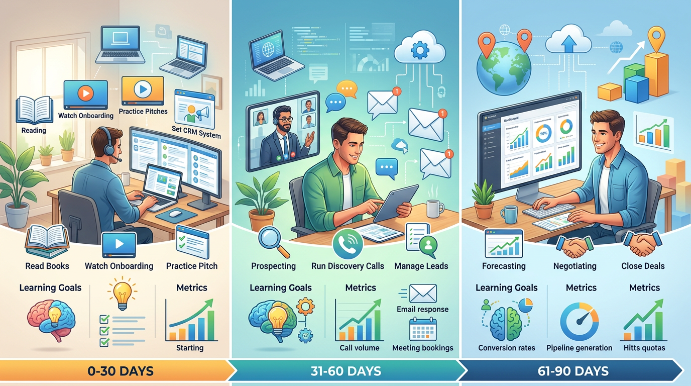 Timeline infographic showing 30-60-90 day SDR ramp plan with specific activities, learning goals, and metrics for each phase