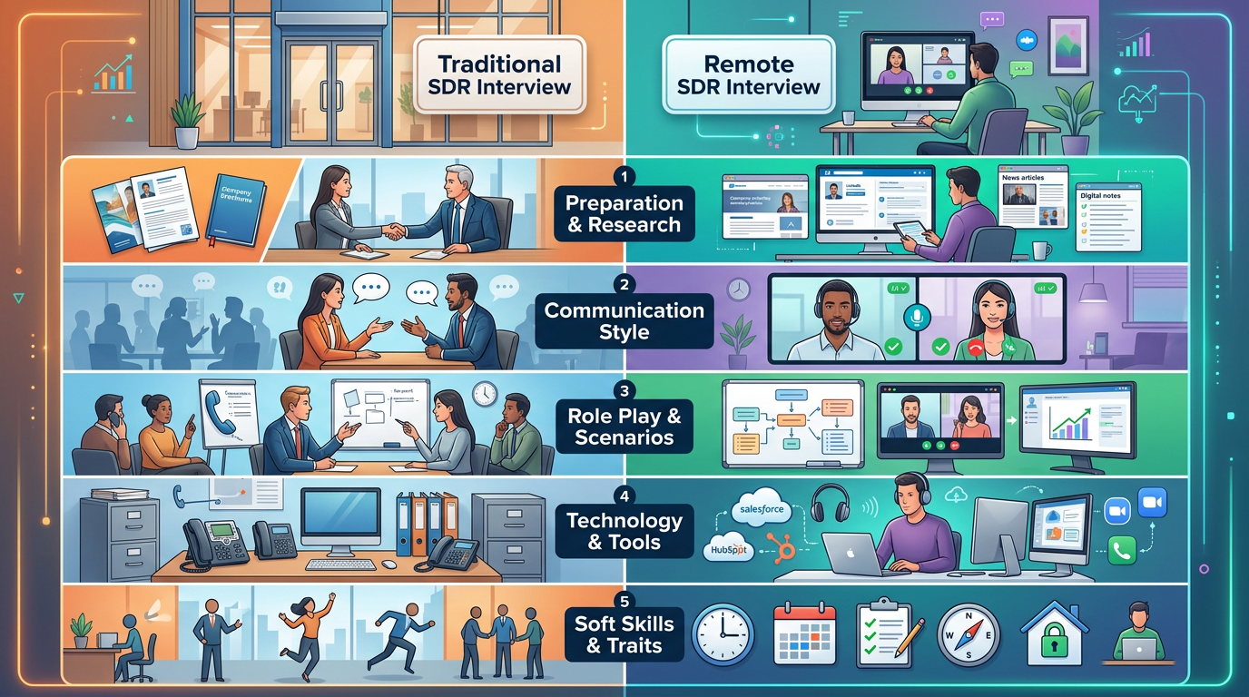 Infographic comparing traditional vs remote SDR interview focus areas, showing five key difference categories with icons for in-office energy vs structured independence