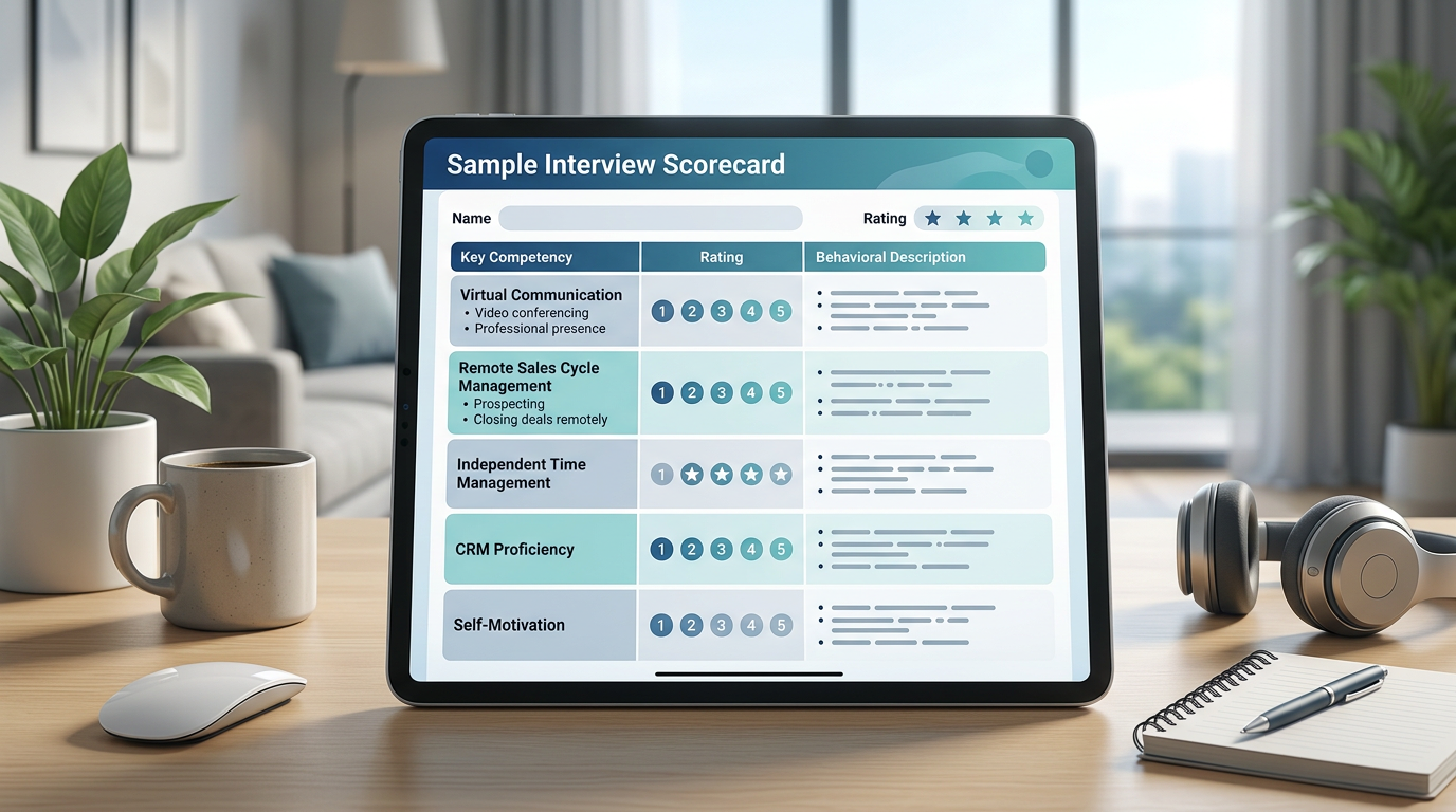 Sample interview scorecard template showing remote account executive competencies with rating scales and behavioral anchor descriptions