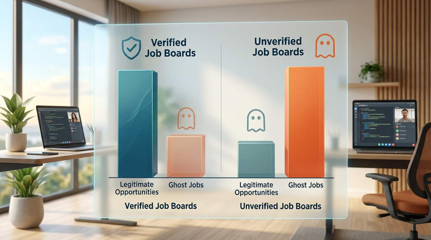 Bar chart comparing time spent on job applications for verified vs unverified job boards, showing hours wasted on ghost jobs versus time invested in legitimate opportunities