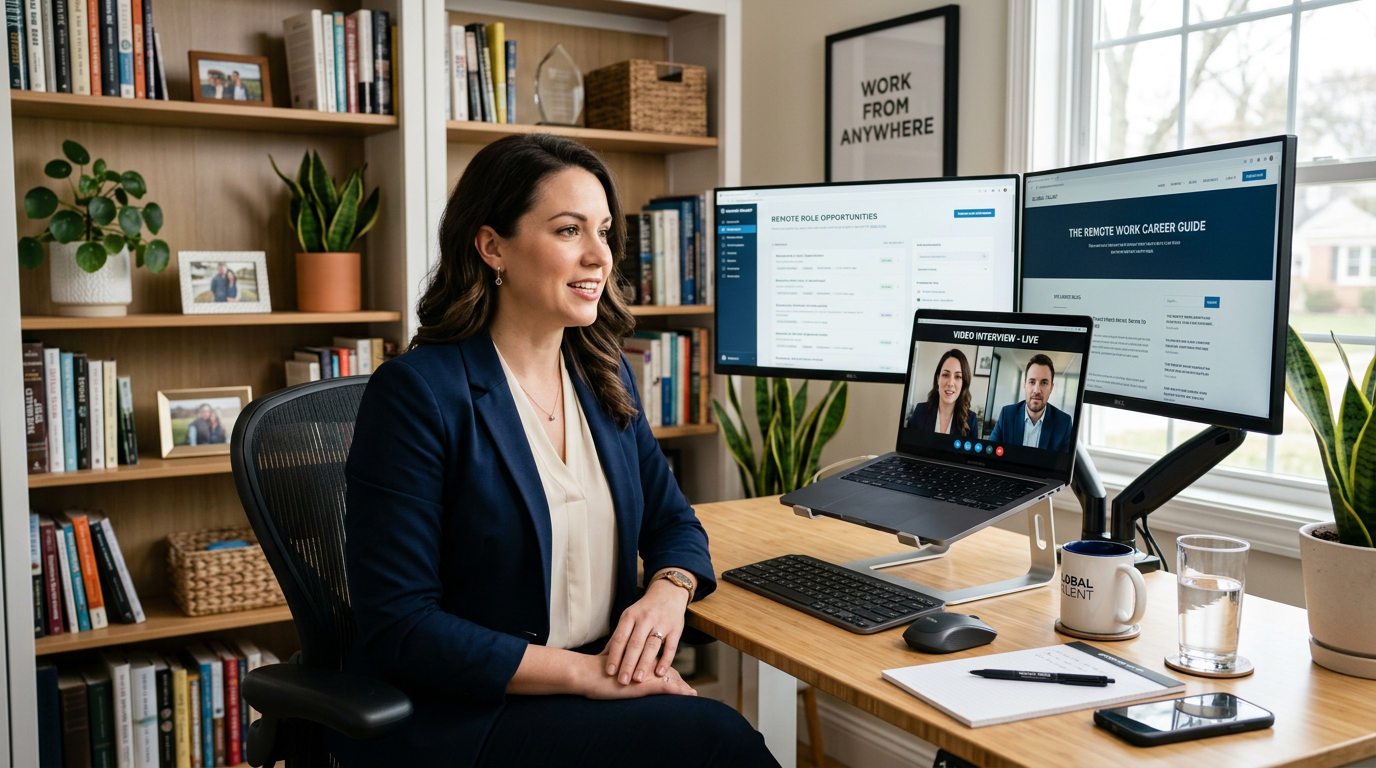 Professional woman in home office setting participating in video interview on laptop, with organized desk showing dual monitors and professional background