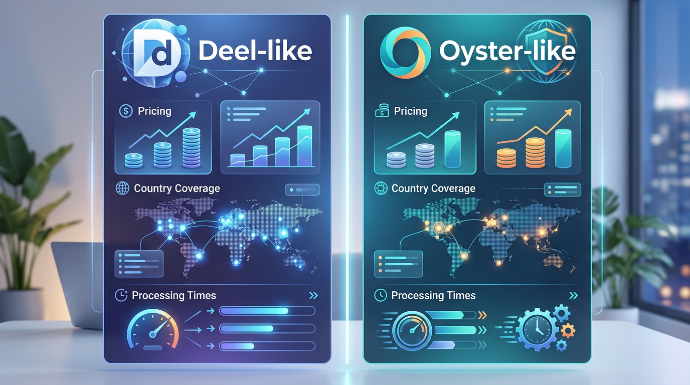 Comparison infographic showing Deel and Oyster logos side-by-side with key metrics: pricing, country coverage, and processing times displayed in clean data visualization