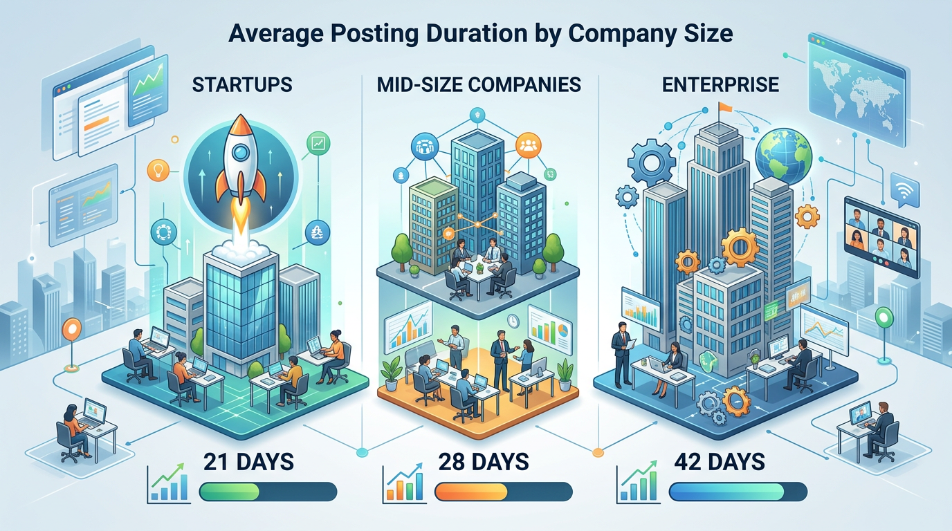 Comparison infographic showing average posting duration by company size: startups (21 days), mid-size companies (28 days), and enterprise (42 days) with icons representing each company type