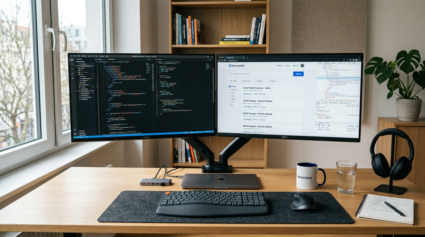 Coding workspace showing dual monitors with HTML/CSS/JavaScript code on one screen and rendered website preview on second screen with developer tools open