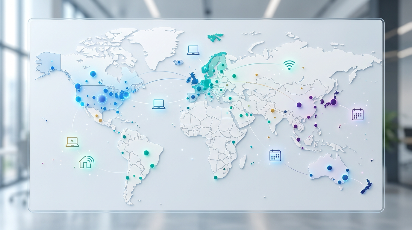 Map visualization showing geographic distribution of four-day work week companies with remote positions, highlighting global opportunities