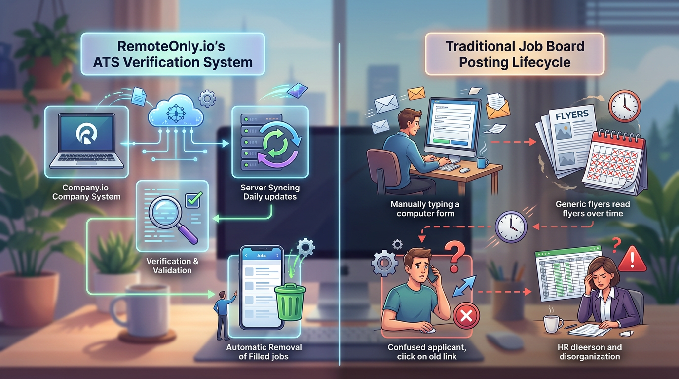 Flowchart diagram showing how RemoteOnly.io's ATS verification system works, from API connection through daily sync to automatic job removal, with comparison to traditional job board posting lifecycle