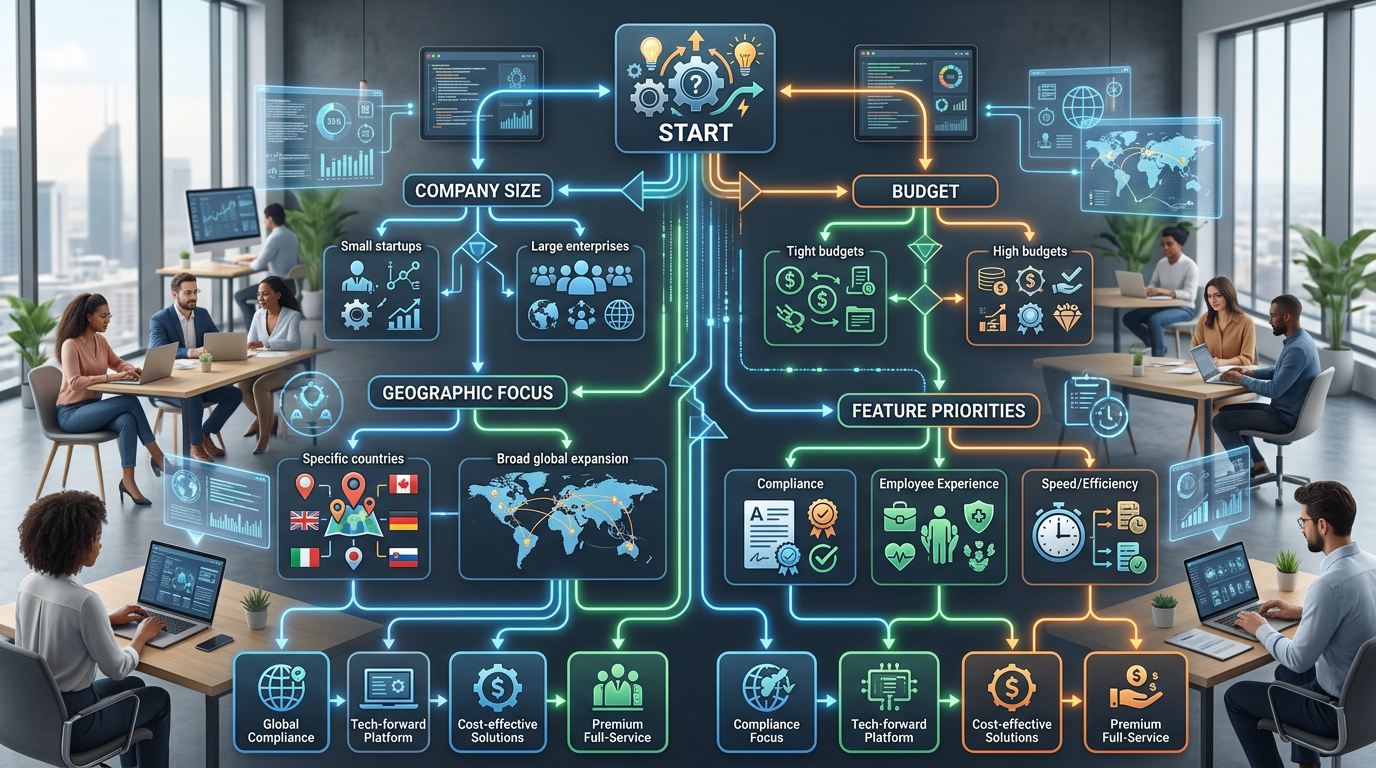 Decision tree flowchart helping readers choose the best EOR service based on company size, budget, geographic focus, and feature priorities