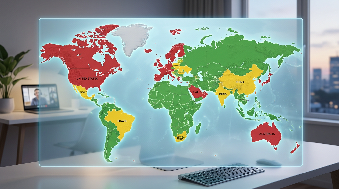 World map showing EOR cost tiers by country with color coding for high-cost (red), medium-cost (yellow), and low-cost (green) regions