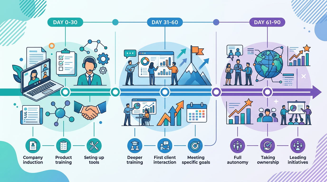 Timeline graphic showing the 30-60-90 day framework for remote CSM onboarding with key milestones and activities at each phase