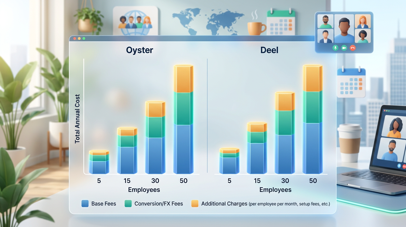 Bar chart comparing total annual costs for Oyster vs Deel across different team sizes (5, 15, 30, 50 employees) showing cost breakdowns including base fees, conversion fees, and additional charges