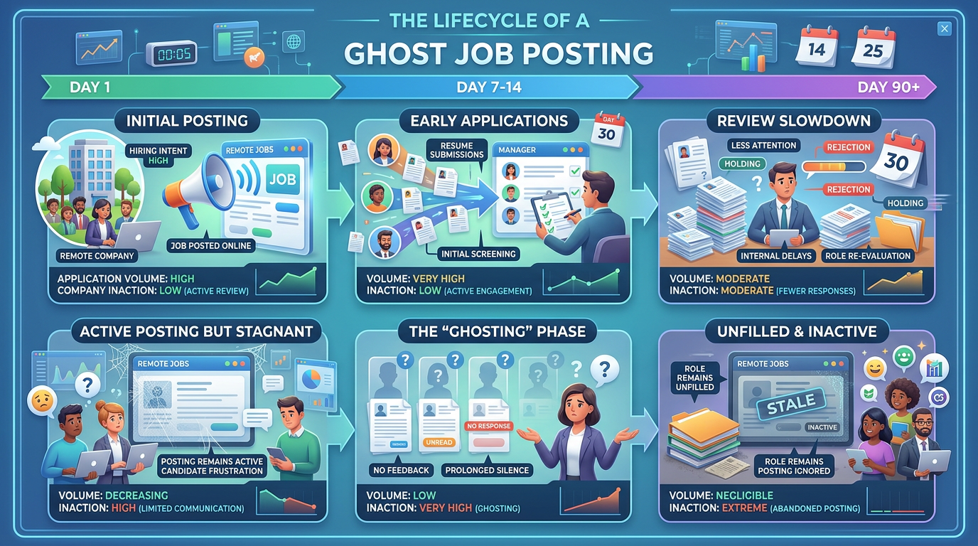 Infographic showing the lifecycle of a ghost job posting, from initial posting through 90+ days of inactivity, with statistics on application volume and company inaction at each stage
