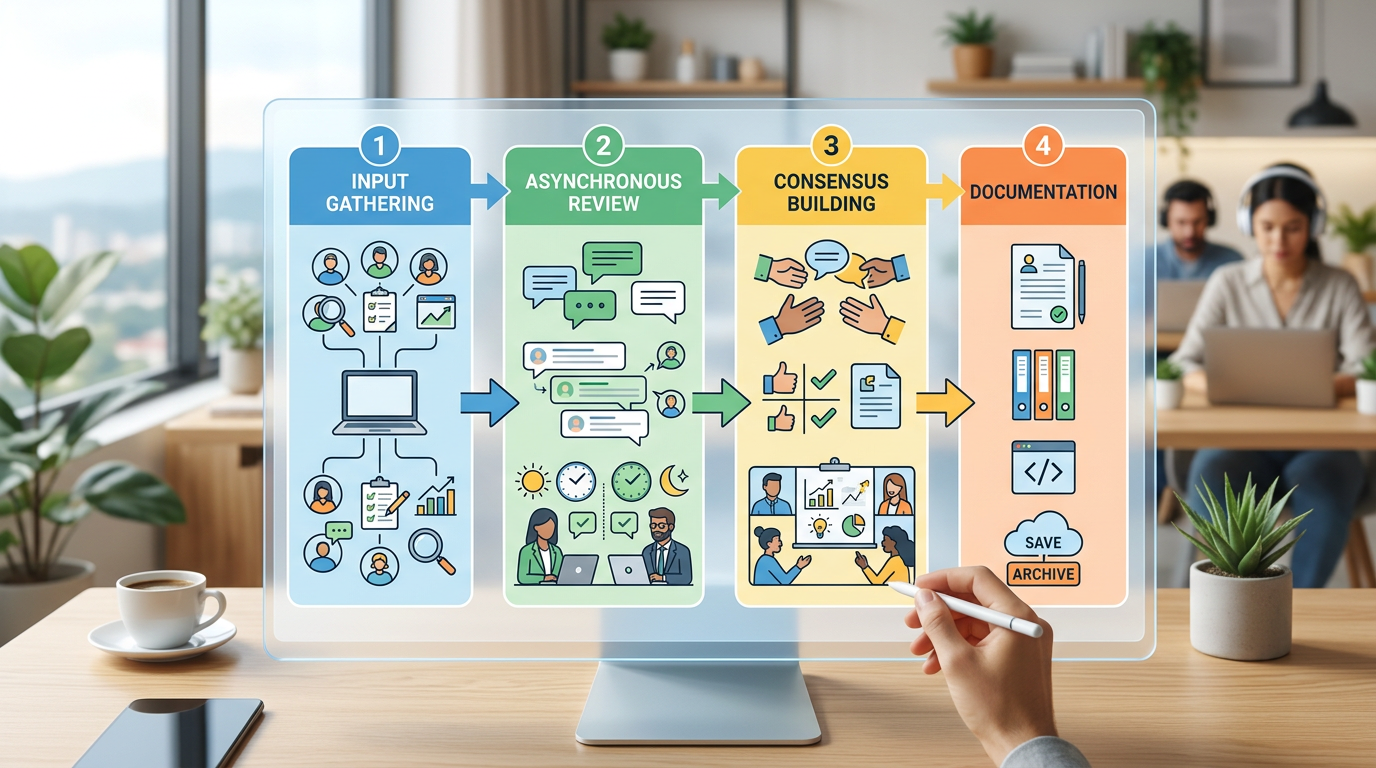 Flowchart showing remote technical decision-making process with input gathering, asynchronous review, consensus building, and documentation stages