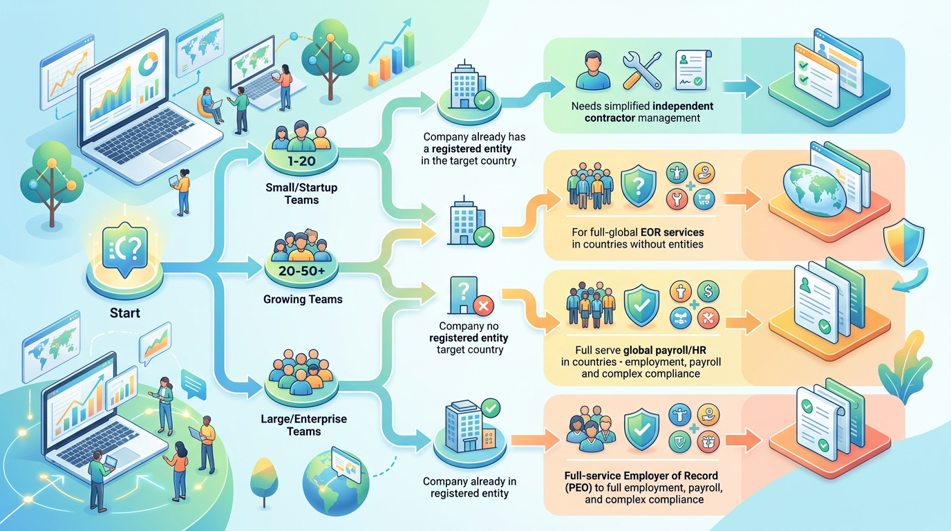 Decision tree flowchart showing how to choose between Deel's pricing tiers based on team size, entity status, and compliance needs