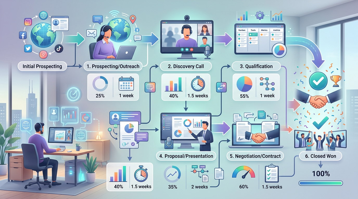Flowchart showing remote account executive pipeline management stages with conversion rates and typical timeframes for each stage